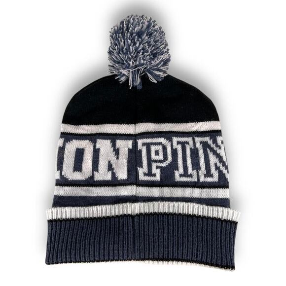 Victorias Secret PINK Knit Hat Sporty Streetwear Blue White Winter Pom Pom - Picture 3 of 7